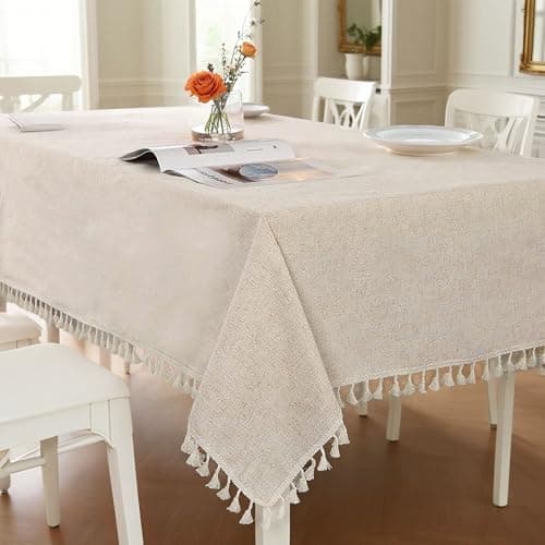 Image of SUCHDECO Tablecloth Rectangular Cotton Linen Table Cloth 140x180 cm, Solid Beige Tablecloths with Tassels Dust-Proof Washable Rectangle Table Cover for Dining Table Kitchen Room Decor Birthday Party