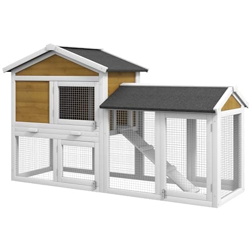 Image of PawHut Wooden Rabbit Hutch Outdoor, Double Tier Guinea Pig Hutch, Small Animal House Water-Resistant Roof Ramp Pull-out Tray 147 x 54 x 84 cm, Yellow