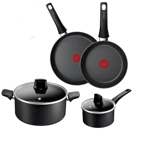 Image of Tefal Titanium Stone Induction Non-Stick 4pc Set: Frying pan 20/26cm, Saucepan 16cm & Stewpot 24cm + lid, High-Performance Non-Stick Coating, Metal Safe, All Hobs Including Induction, E105S445