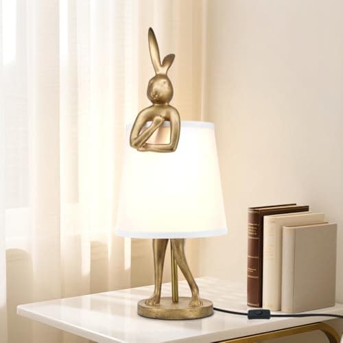 Image of 66CM Bunny LED Table Lamp Cute Resin Desk Animal Lamps,Novelty Gold Bedside Lamps White Linen Shade,Reading and Decorative Lighting Bed Side Lamps for Bedroom,Funky Holiday or Birthday Rabbit Gifts