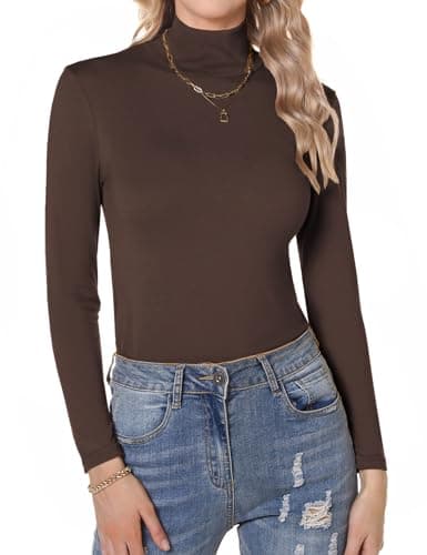 Image of Aottori Turtle Neck Tops for Women Long Sleeve Tops Ladies Polo Neck Thermal Underwear Slim Fitted Base Layer Shirts Cotton Basic Pullover Tunic #Brown M