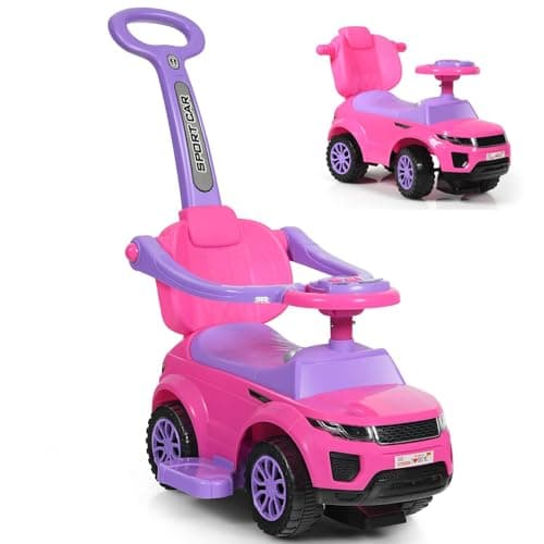 Image of Maxmass 3-in-1 Kids Ride on Push Car, Toddler Foot to Floor Sliding Car with Removable Handlebar, Guardrail & Footrest, Music, Horn, Underneath Storage, Baby Slider Walker for Boys Girls (Pink)