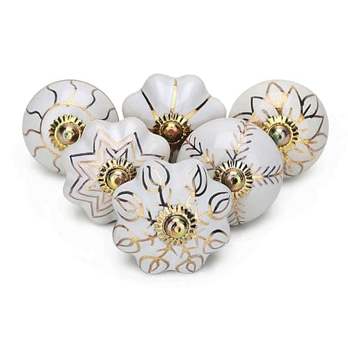 Image of Craft Trade Gold White Door Cabinet Knobs for Dresser Drawer Vintage Closet Ceramic Knob Pull Handles Cupboard Wardrobe Knobs for Kitchen Furniture Home Décor - Pack of 06