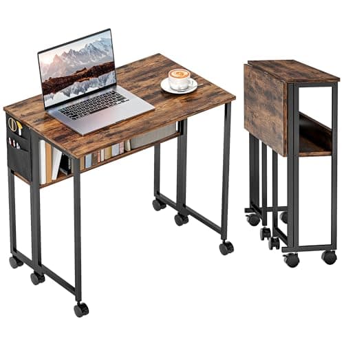 Image of HOMCOM Folding Desk with Storage Shelf and Bag, 80 cm Foldable Computer Desk for Small Spaces, Space Saving Writing Table on Wheels for Home Office, Bedroom, Easy Assembly, Rustic Brown