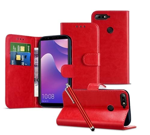 Image of MobiBax Wallet Phone Case Compatible with LG K7 (2016) X210 Phone Cover Card Holder Magnetic Closure Tab, Shockproof Phone Stand Case [Red]
