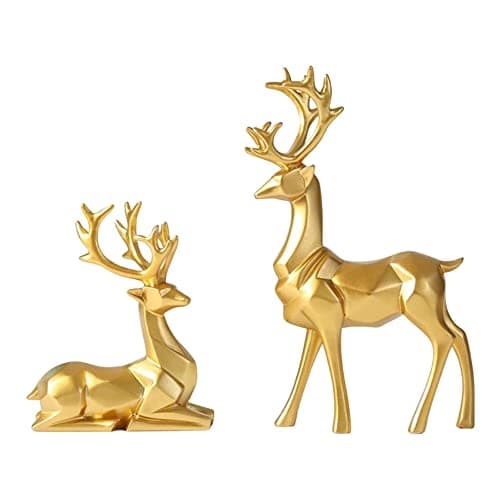Image of WUANGYOL 2PCS Reindeer Deer Christmas Figurines Origami Elk Nordic Style Large Resin Sitting Standing Statues Creative Indoor Decoration Collectible Home Office Décor Ornaments Gifts Gold