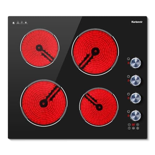 Image of Karienvir Electric Hob 60cm 4 Zone,Ceramic Hob 6000W, Electric Ceramic Hob 220-240V Hardwired, Kitchen Hob 4 Burners with Safety Lock, Timer, Pause Function, Knob & Touch Control