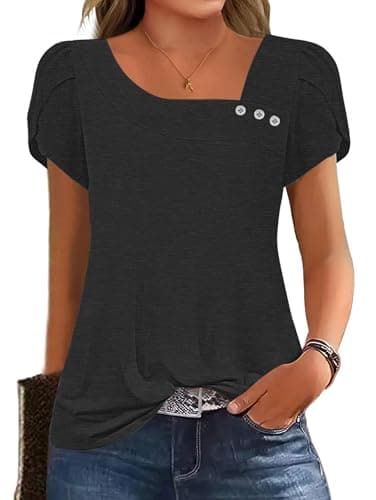 Image of Famulily Summer Tunic T Shirt Tops for Women, Square Neck Petal Sleeve Blouse Soft Rayon Blend Loose Fit Shirt (M, Black)