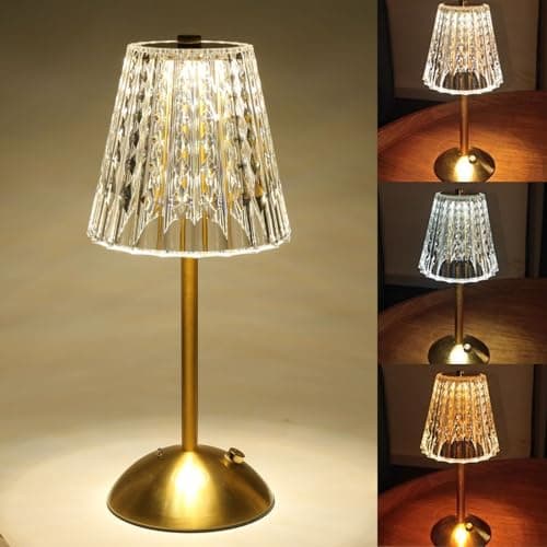 Image of Falafoty Rechargeable Table Lamp, LED Touch Bedside Lamps, 3 Colors Dimmable Bedside Reading Light, USB Crystal Touch Lamps Polished Gold Finish for Bedroom Living Room Bar Restaurant Gift Decor