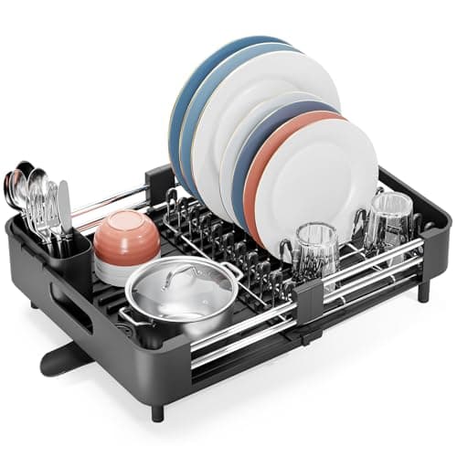 Image of KINGRACK Dish Drainer Rack - Extendable Dish Rack, Stainless Steel Dish Drainer for Kitchen Counter, Draining Board Rack with Removable Cutlery Holder, Black
