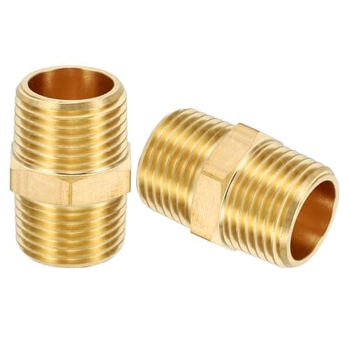Image of PATIKIL Brass Pipe Fittings Coupler, 2Pcs 1/2" x 1/2" NPT Male Thread Brass Hex Nipple Coupling Reducer Adapter Tubing Connector Adaptor for Water, Air, Oil, Gas Line System