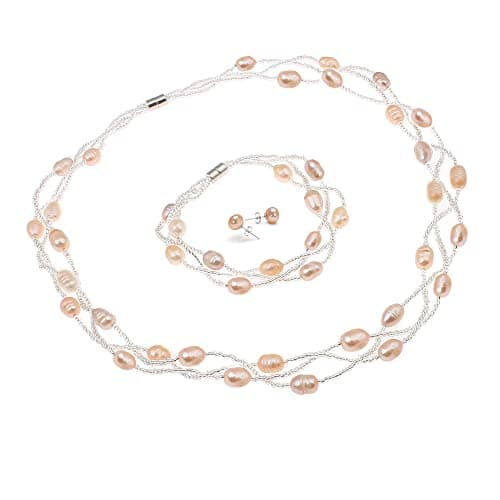 Image of Treasure Bay Natural Freshwater Pearl Necklace Bracelet and Earrings Pearl Jewellery Set (Pink)