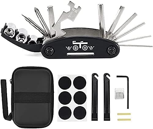 Image of WOTOW 16 in 1 Multi-Function Bike Bicycle Repair Tool Kit Allen Wrench with Tire Pry Bars Rods (Black, 16 in 1 Tool with Bag)