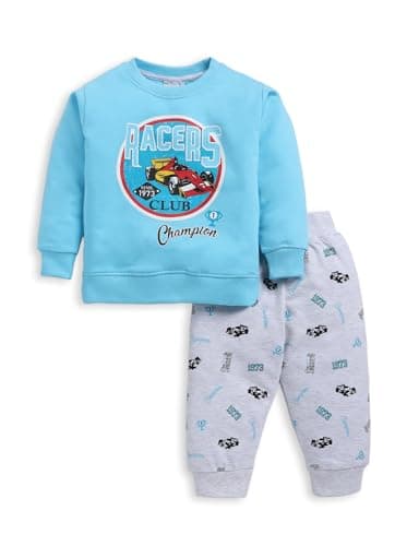 Image of MI Kidz Winter Hooded Sweatshirt and Trousers Pure Cotton Long Sleeve Set for Boys and Kids, sky blue, 4-5 Jahre