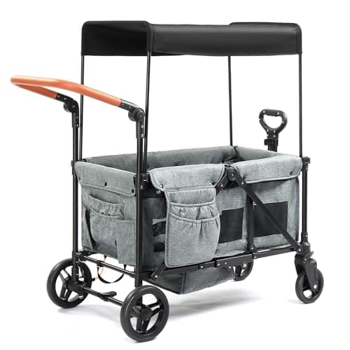 Image of Bonnlo Folding Stroller Wagon for Kids, 2-Seater Handcart Wagon with Removable Canopy, 5-Point Harness and All-Terrain Wheels, Outdoor Camping Cargo Cart (Grey)