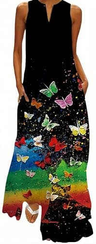 Image of Ocean Plus Women's Long Skirt Vintage Print Dress with V-Neck Sleeveless Pocket Summer Dress (S, Oil Painting with Colourful Butterflies)
