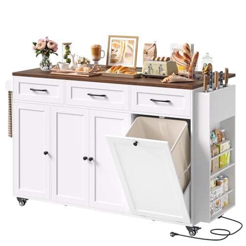 Image of FirFurd Kitchen Island with Trash Bin Cabinet Kitchen Storage Trolley on Wheels Mobile Storage Island with Empty Block Foldable Worktop Rolling Sideboard Cabinet Dining Room 135x40x88cm White