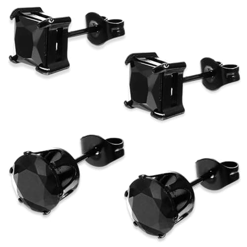 Image of Mabor 2 Pairs Black Stud Earrings for Men Women Stainless Steel Square Round CZ Mens Earrings Studs Jewelry Set for Sensitive Ears(Black Color)