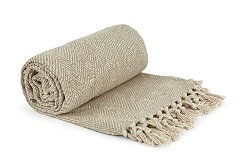 Image of Emma Barclay Herringbone - Recycled Cotton Patterned Chair Sofa Setee Bed Throw Over Blanket in Natural - 70x100 (178x254cm)