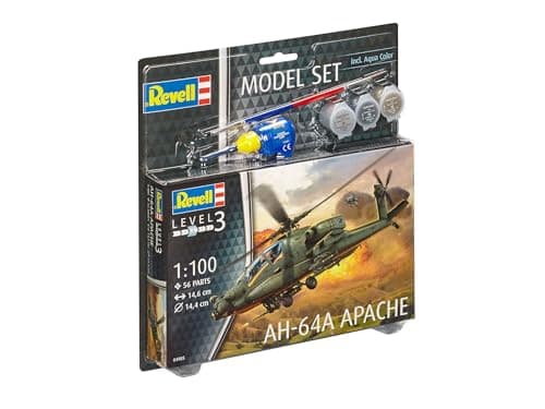 Image of Revell Model Set 64985 AH-64A Apache 1:100 Scale Unbuilt/Unpainted Plastic Model Kit with Contacta Professional Glue, Paintbrush & Selected Aqua Color Paints