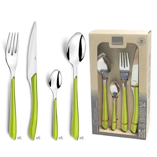 Image of Amefa ECLAT 24 Piece Cutlery Set for 6 – Bold Green Handles – 18/0 Stainless Steel – Mirror Polished Finish – Mix & Match Coloured Cutlery – Dishwasher Safe