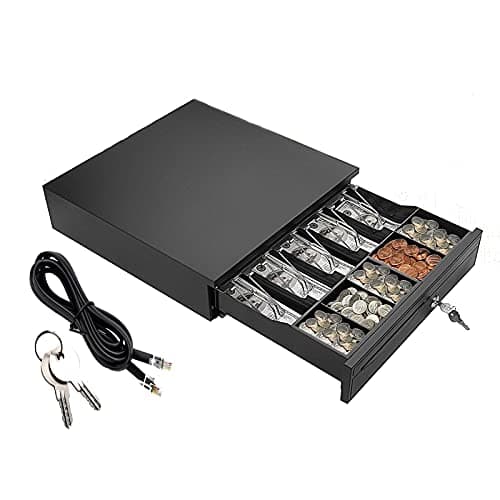 Image of Cash Box Money Till Drawer with 5 Bill 5 Coin Removable Trays, Cash Register Drawer Auto Manual Open, Key-Lock RJ11 Adjustable Removable Cash Tray Till