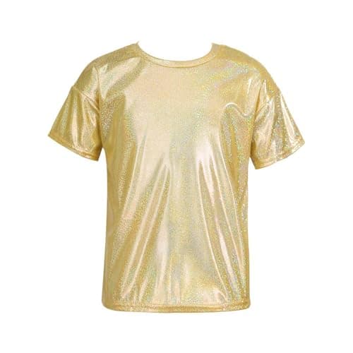 Image of inlzdz Girls Boys Sparkly Metallic Dance Tops Short Sleeve T-Shirt Jazz Hip Hop Party Stage Performance Costume Gold 3-4 Years