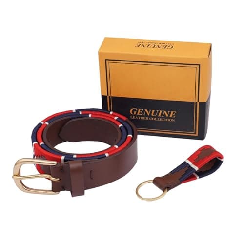 Image of Leather Belts for Men, Brown Embroidered Designer Mens Belt, Genuine Leather Brown Polo Belt with Classy Colourful Stitching for Mens 26"