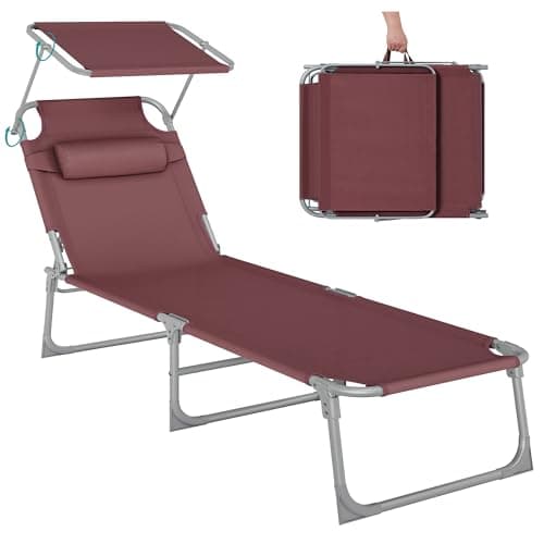 Image of SONGMICS Sunbath, Folding Lounger, Deck Chair, 193 x 53 x 29 cm, Capacity 150 kg, Sun Visor, Tilting Backrest, Garden, Pool, Patio, Red GCB192R01