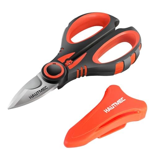 Image of HAUTMEC Electrician Scissors with Pouch, 160mm Heavy Duty Stainless Steel Scissors with Serrated Blade, Wire Stripping Notch & Crimping Function, Ergonomic Handle - HT0416