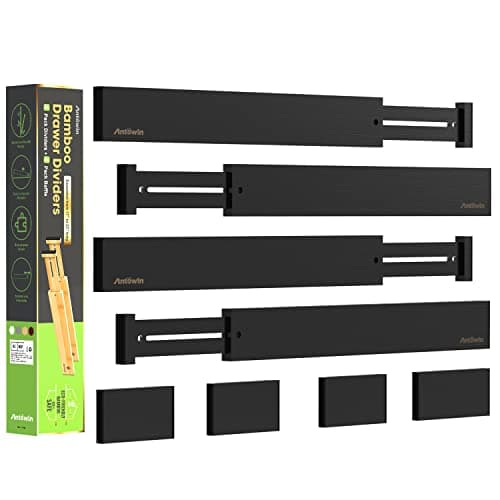Image of ANTOWIN 8PCS Bamboo Drawer Dividers, Drawer Separators Splitter, 43-56CM Long Adjustable Spring-loaded Organizer for Large Utensil, Clothes, Tools Drawers, 4 Pack Dividers + 4 Pack Baffle (Black)
