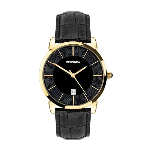 Image of Sekonda Murphy Mens Watch – 42mm Watch for Men with Black Dial, Date Window, Gold-Tone Case and Black Leather Strap – 30m Water Resistant – 2 Year Warranty