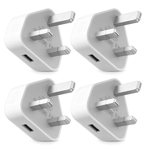 Image of USB Charger Plug UK 4 Pack, 5V 1A USB Wall Plug Adaptor with 3-Pin UK Mains Adapter, Fast Safe Charging Compatible with iPhone 14/13/12/11/XR/XS/SE/8 for iPad Huawei Pixel Samsung