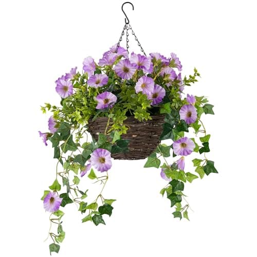 Image of CHRISTOW Artificial Petunia Hanging Basket – Ready to Hang Wicker Garden Planter with Purple Flowers, Gypsophila & Ivy, UV-Resistant PE Leaves, Pre-Fitted Triple Steel Chain, 25cm Basket Diameter