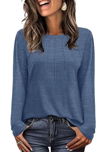 Image of WIHOLL Long Sleeve Tops for Women Fall Fashion Dressy Casual Ladies Tops Lightweight Women's Sweatshirts Size 14-16 Dark Blue L