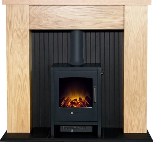 Image of Adam New England Stove Fireplace in Oak & Black with Bergen Electric Stove in Charcoal Grey, 48 Inch