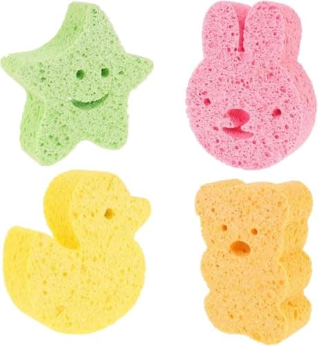 Image of 4 Pcs Baby Bath Sponges, Cute Baby Sponges for Bath Newborn Kids, Animal Shapes Natural Kids Bath Sponges for Infants, Gentle on Newborn and Toddler Skin(4 Colours)