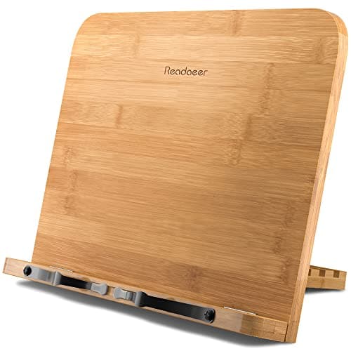 Image of Readaeer Cookbook Stand for Kitchen, Foldable Bamboo Book Stand for Reading with 6 Adjustable Height…