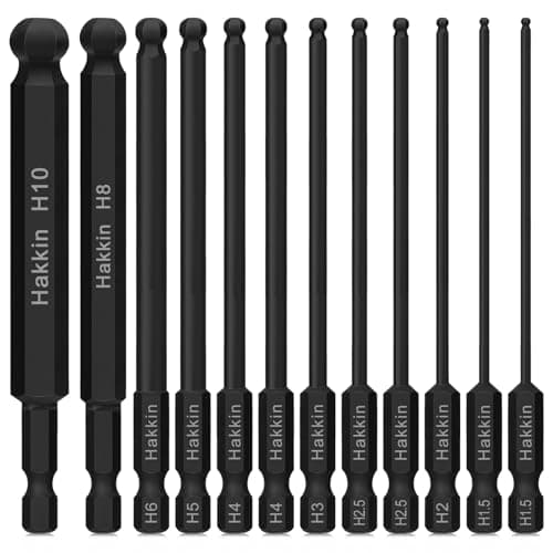 Image of Ball End Allen Key Bit Set Hakkin 12Pcs 100mm Metric Ball End Hex Bits 1/4” Shank S2 Steel hex Head Allen Wrench Set hex Key H1.5-H10 for Furniture Assembly