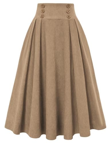 Image of Belle Poque Corduroy Skirt for Women UK High Waist Midi Skirt Vintage A-Line Pleated Skirts with Pockets Beige XL