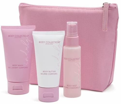 Image of Body Collection Indulgent Wash Bag Gift Set – Cherry Blossom Scent – Vegan & PETA Approved Toiletries – 70ml Body Wash, 50ml Body Mist, 50ml Body Butter in Reusable Pink Travel Zip Bag for Her