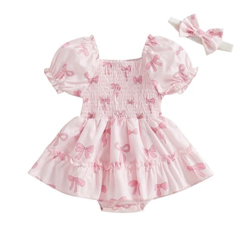 Image of Edhomenn Baby Girl Romper Dress Bow Print Puff Short Sleeve Jumpsuit with Cute Headband Set Casual Newborn Girls Clothes 2 Piece Outfits (01 Pink, 3-6 Months)
