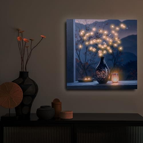 Image of Dohwa blingco LED Lighted up Floral Canvas Wall Art Decor with Candle Lights flameless candles and Timer, Battery Operated Zen Posters for Bedroom or Home Gift (Shiny Flower)