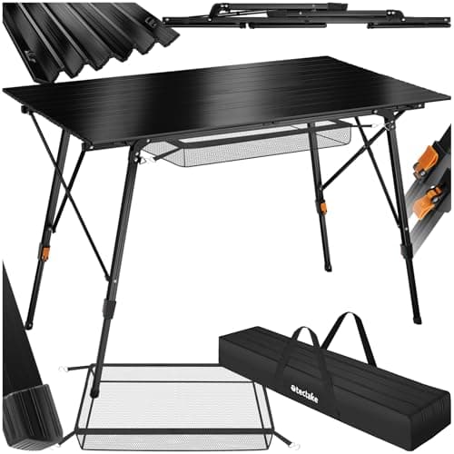 Image of TecTake® Premium Camping Table, Adjustable Height, Lightweight Aluminium, Weather-Resistant, Easy Setup with Storage Net, fold away table Includes Dual-Handle Carry Bag 120x70.5x58–79cm - black