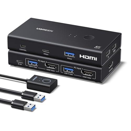 Image of UGREEN HDMI KVM Switch 2 PC 1 Monitor Support 4K@60Hz, USB 3.0 KVM Switches for 2 Computers Share Keyboard/Mouse/Hard Drives/Printer and 1 Monitor, 4 Port KVM Switcher with Desktop Controller