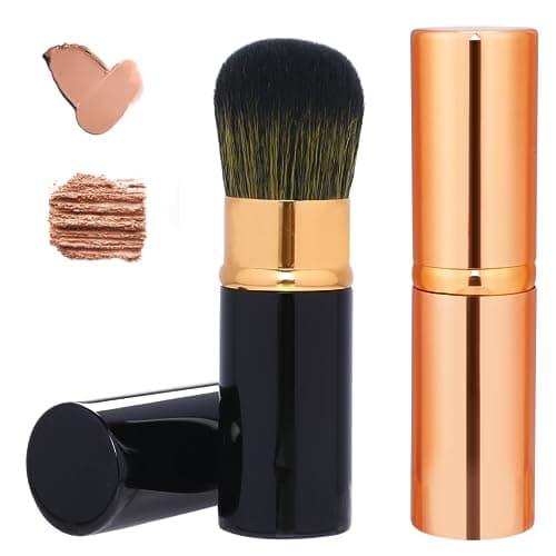 Image of Retractable Blusher Brush with Cover, 2 Pack Travel Kabuki Bronzer Makeup Brush Liquid Cream Foundation Powder Brush Extensible Face Blender Brush Professional Concealer Brush for Women (Gold & Black)