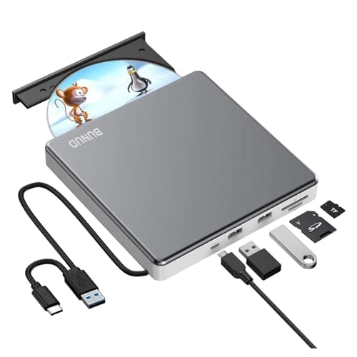 Image of External CD DVD Drive, USB 3.0 & Type-C Portable CD/DVD +/-RW ROM Burner Rewriter with SD/TF & 2 USB Ports, Slim Optical DVD Player for Laptop Mac Macbook Pro Air PC Apple iMac Windows