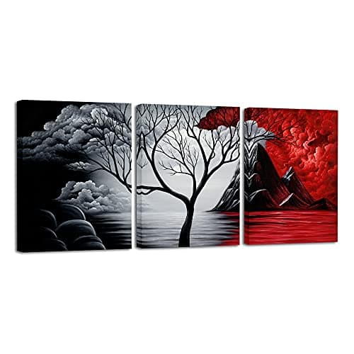 Image of Wieco Art - The Cloud Tree Large 3 Panels Modern Stretched and Framed Giclee Canvas Prints Abstract Seascape Paintings Reproduction Sea Beach Pictures on Canvas Wall Art for Bedroom Home Decorations