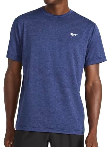 Image of Reebok Mens Strike Short Sleeve Crewneck T-Shirt, Standard Fit, Lightweight Stretch Poly Jersey Fabric, Vector Navy Heather, Medium