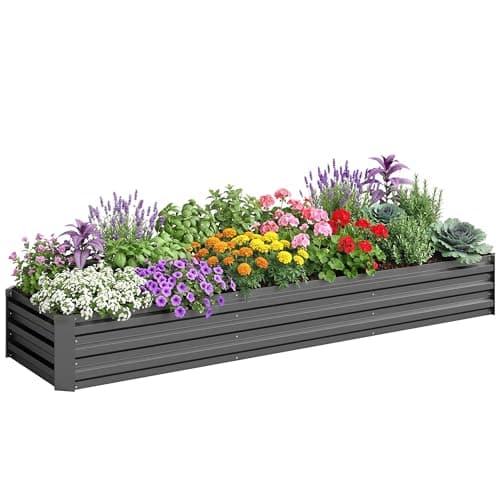 Image of Outsunny Galvanised Raised Bed for Garden, Rectangular Outdoor Elevated Planter Box with Safety Edging and Open Bottom for Growing Flowers, Herbs and Vegetables, 240 x 60 cm, Grey